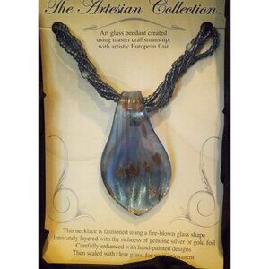 Blue Artesian Art Glass Pendant With Beaded Necklace and Cord in Gift Box JH4282
